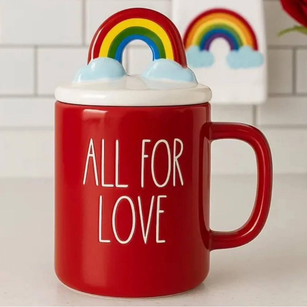 Rae Dunn 🆕 All For Love Mug with Rainbow Topper Ceramic Coffee Tea Cocoa NWOT Lg